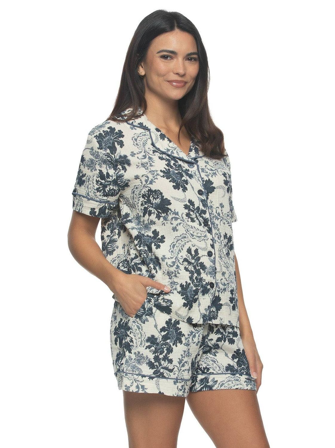 Calista Cotton Gauze Pajama Shorts Set - Indigo Folk: Indigo Folk (IDF) / M