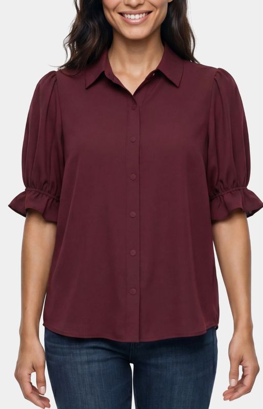 Elbow Puff Sleeve Snap Front Knit Shirt