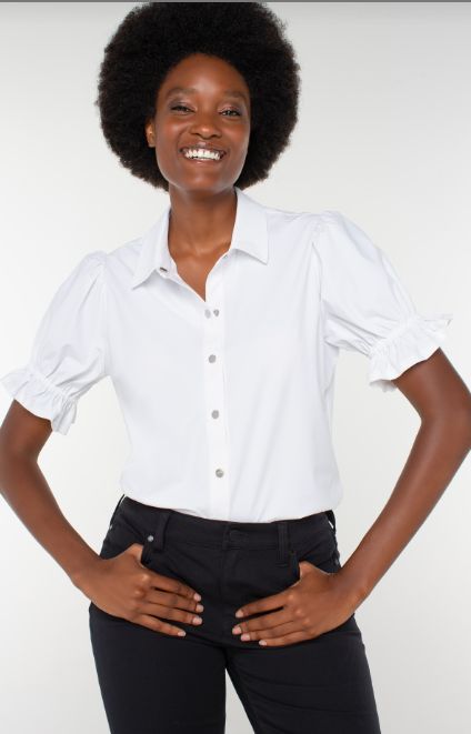 Elbow Puff Sleeve Snap Front Knit Shirt, Color: White, Size: XS