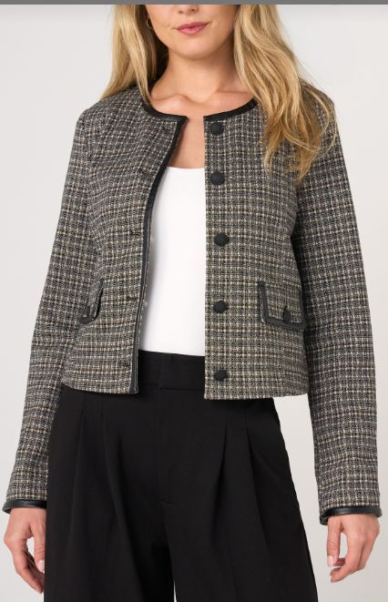 Collarless Lady Jacket w/ Faux Leather trim, Size: XS