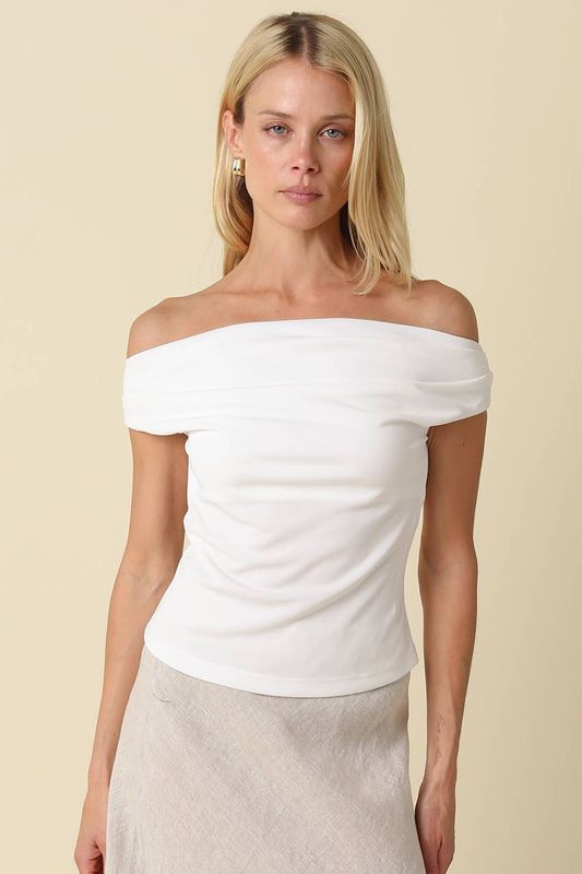 Macey Off-Shoulder Fitted Top: Taupe / L