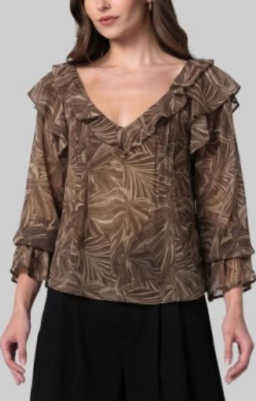 L/S Double Ruffle VNeck woven Blouse