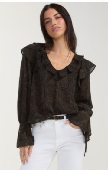 L/S Double Ruffle VNeck woven Blouse
