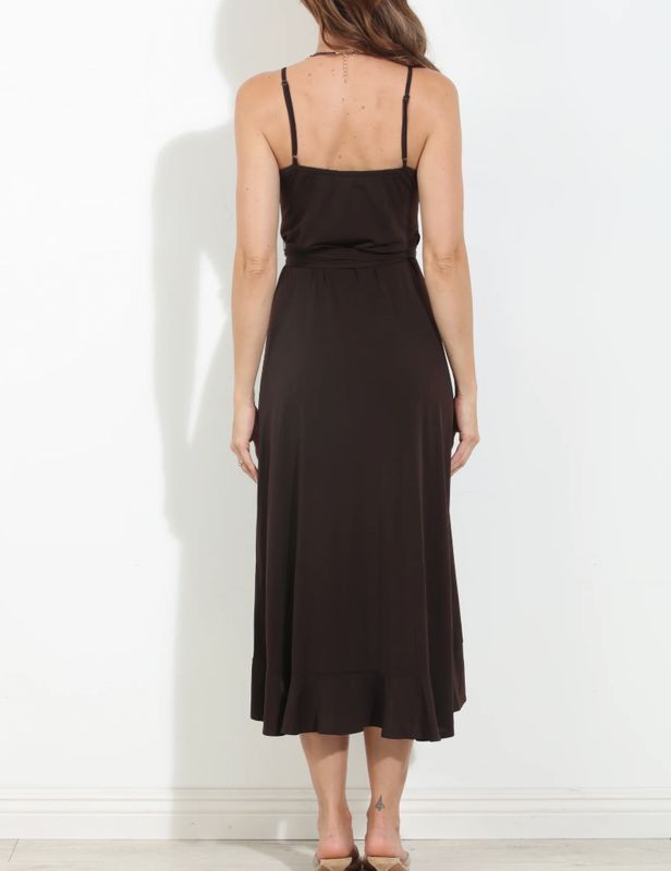 Chocolate Spaghetti Wrap Midi Dress