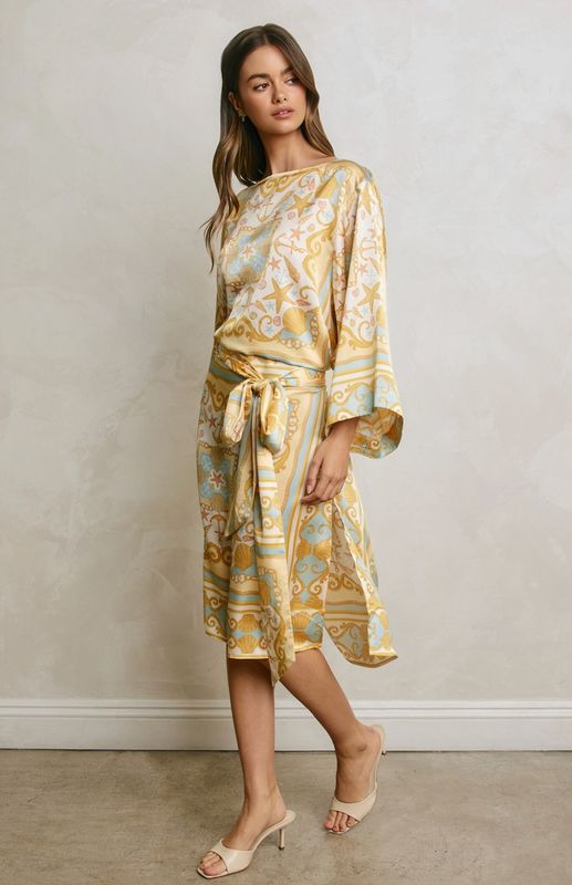 Conversational Scarf Satin Sash Kaftan Dress