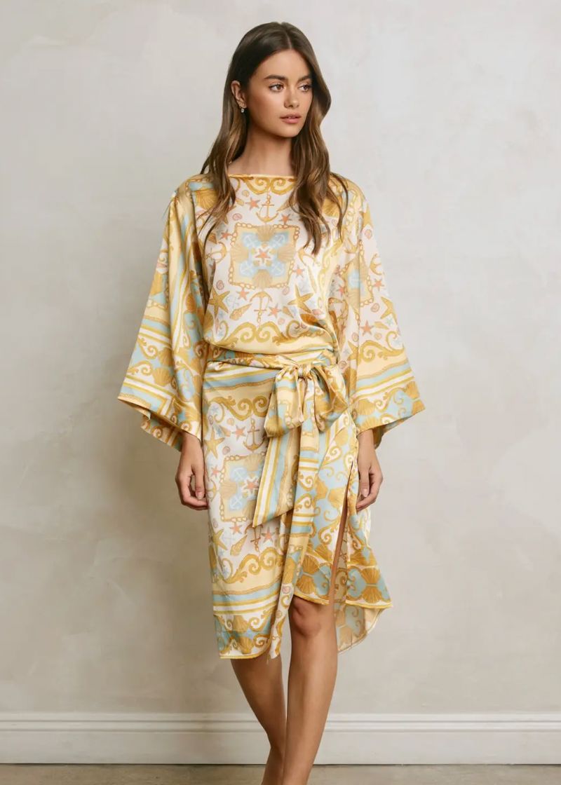 Conversational Scarf Satin Sash Kaftan Dress, Size: L