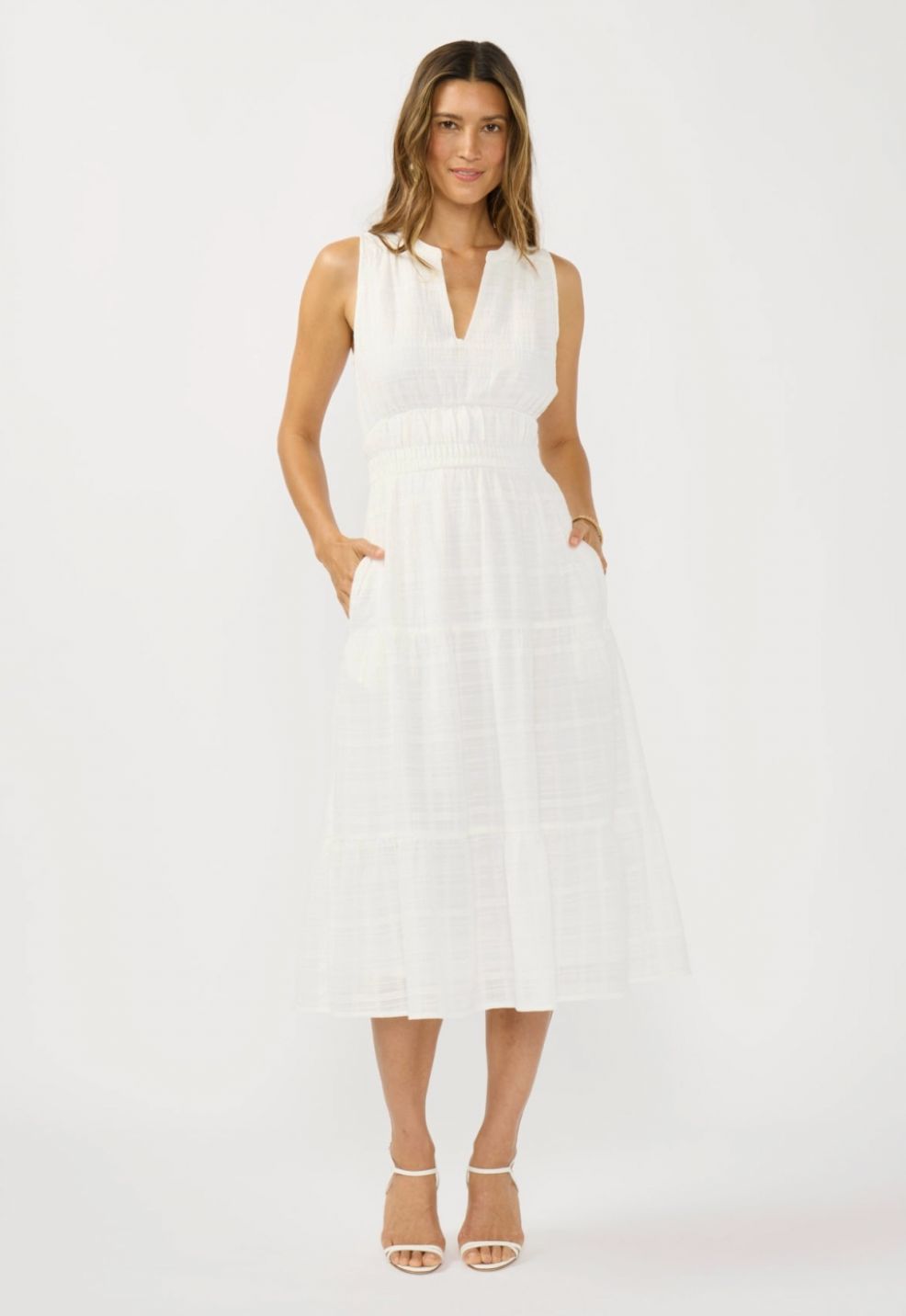 V-Split Neck Tiered Midi Dress with Pockets, Size: L