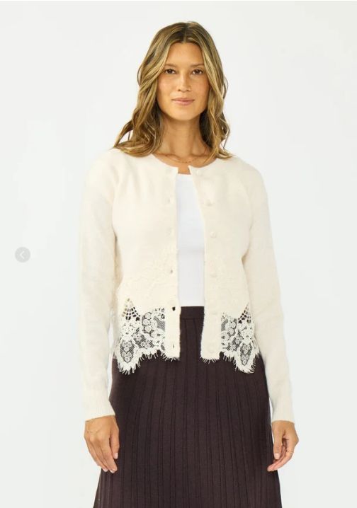 Lace Trim Button Front Cardigan, Color: Bone, Size: XS