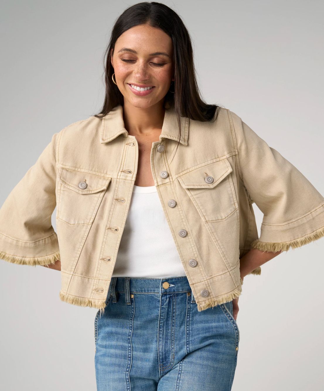 3/4 Sleeve Frayed Flounce Jacket, Size: M