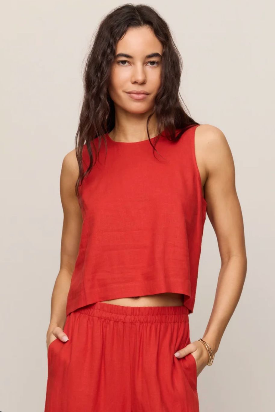 women's sloane linen cropped tank top, Colour: chili pepper, Size: S