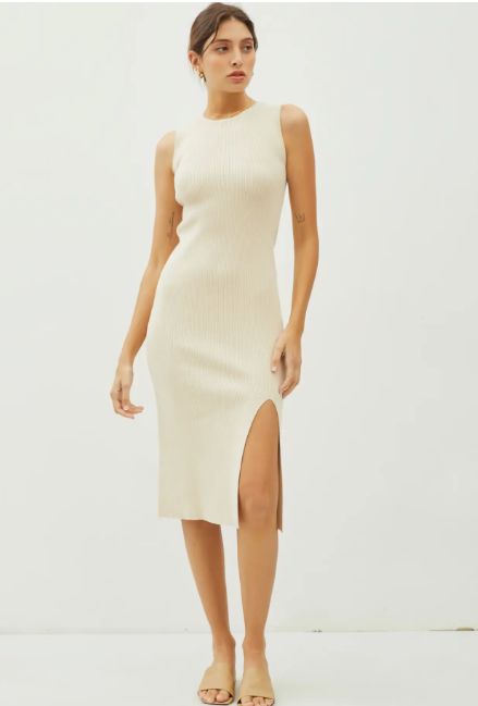 Leg Slit Bodycon Ribbed Knit Midi Dress, Size: S/M