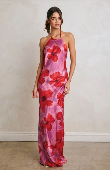 Tropical Floral Open Back Halter Maxi Dress, Size: S