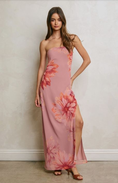 Floral Strapless Tie Back Maxi Dress, Size: M