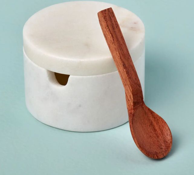 White Marble Lidded Cellar with Wood Spoon