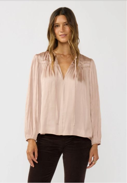 Split Neck Pleated Satin Blouse, Size: XS