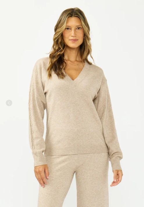V-Neck Cable-Sleeve Pullover Sweater, Size: S