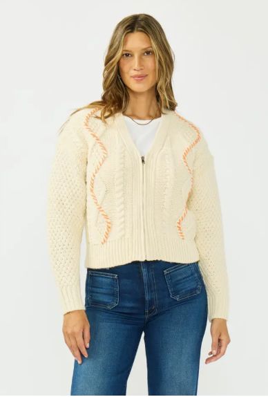 Cable Knit Zip-Front Sweater Jacket, Size: S