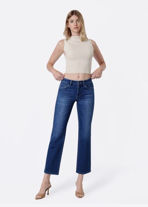 Mid Rise Trouser Fold Creased Dark Wash Straight Jeans, Size: 24