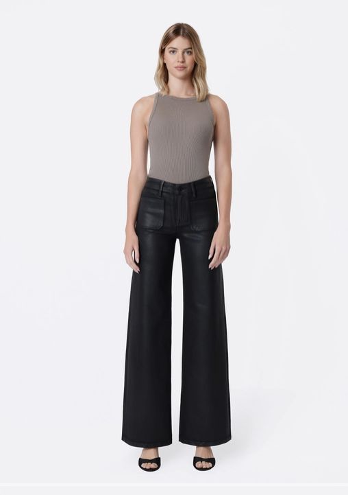 High Rise Patch Pocket Black Coated Wide Leg Jeans, Size: 24