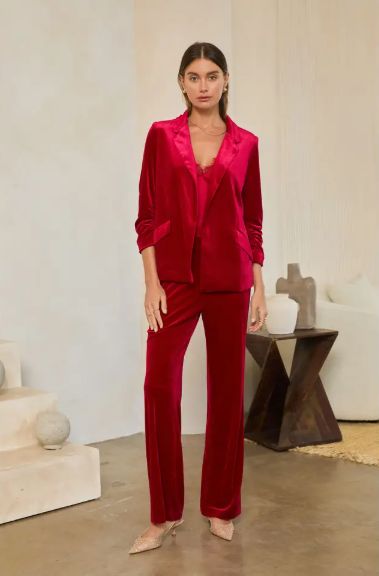 Ruched Sleeve Open-Front Velvet Blazer, Color: Red, Size: XS