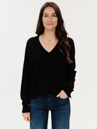 GENEVA | V-NECK FRAYED TRIM SWEATER, Colour: BLACK, Size: XS