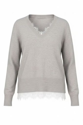 vneck long slv sweater w lace, Colour: soft grey htr, Size: XS