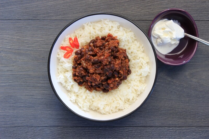 veg and black bean chilli served with rice. made with a Case for Cooking spice kit.