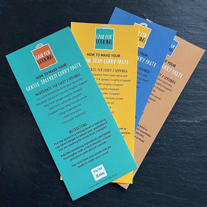Recipe cards for Gentle Jalfrezi, Rogan Josh, Kicking Korma and Tikka Masala. All by Case for Cooking.