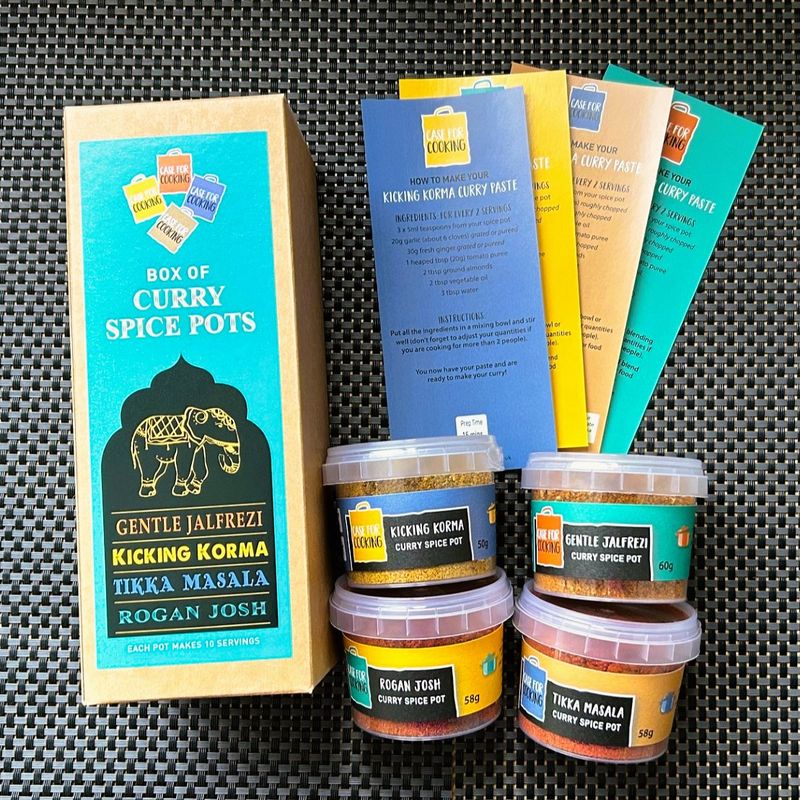 Box of Curry Spice Pots | Birthday Gift Ideas Box of curry spice pots from Case for Cooking, with four pots of curry spice and four recipe cards.
