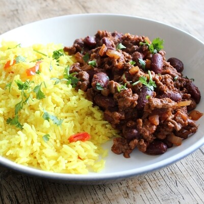 dish of beef chilli mince with rice. made with a jar of Case for Cooking Mexican-style chilli paste.