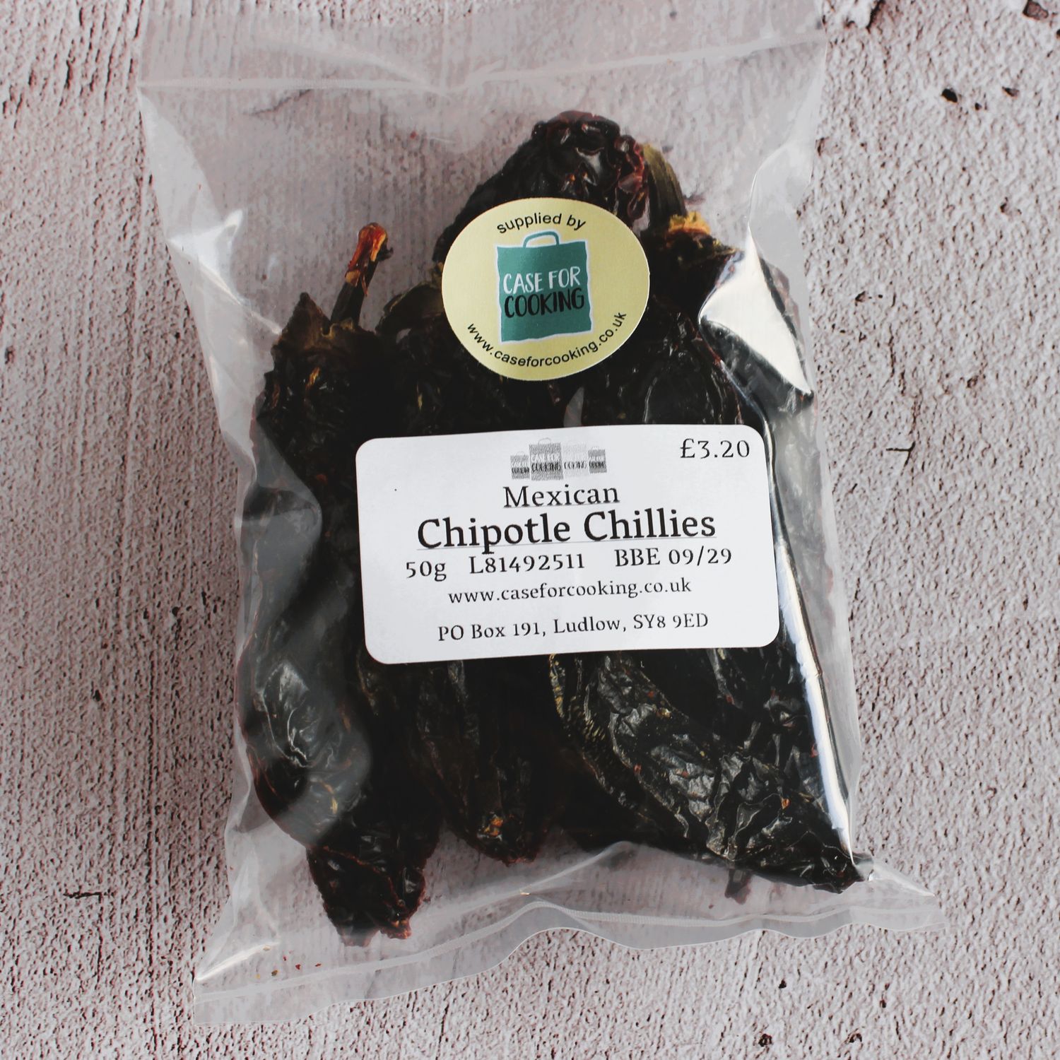 Packet of Mexican dried whole chipotle chillies sold by Case for Cooking 