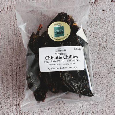 Packet of Mexican dried whole chipotle chillies sold by Case for Cooking 