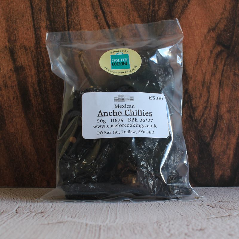 Ancho Chillies Whole Packet of whole dried Ancho chillies sold by Case for Cooking