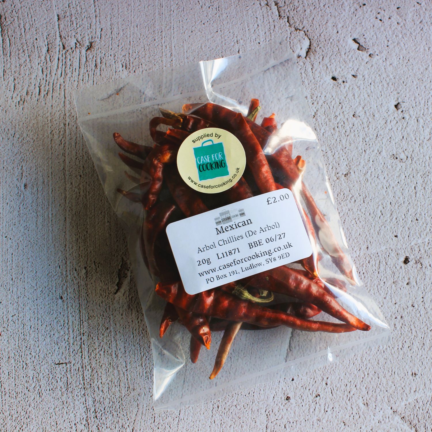 Packet of whole dried Arbol chillies 
