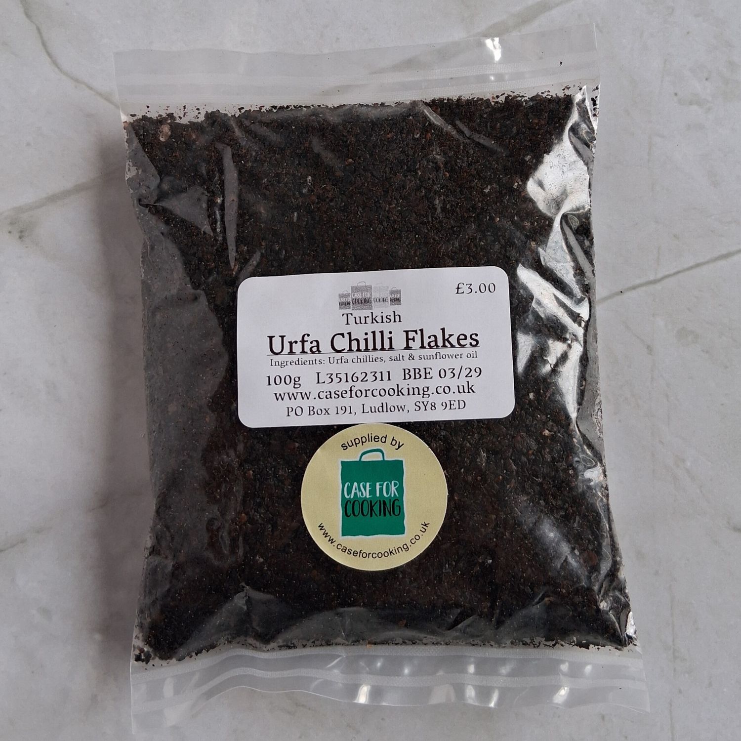 Packet of Urfa Chilli Flakes sold by Case for Cooking 