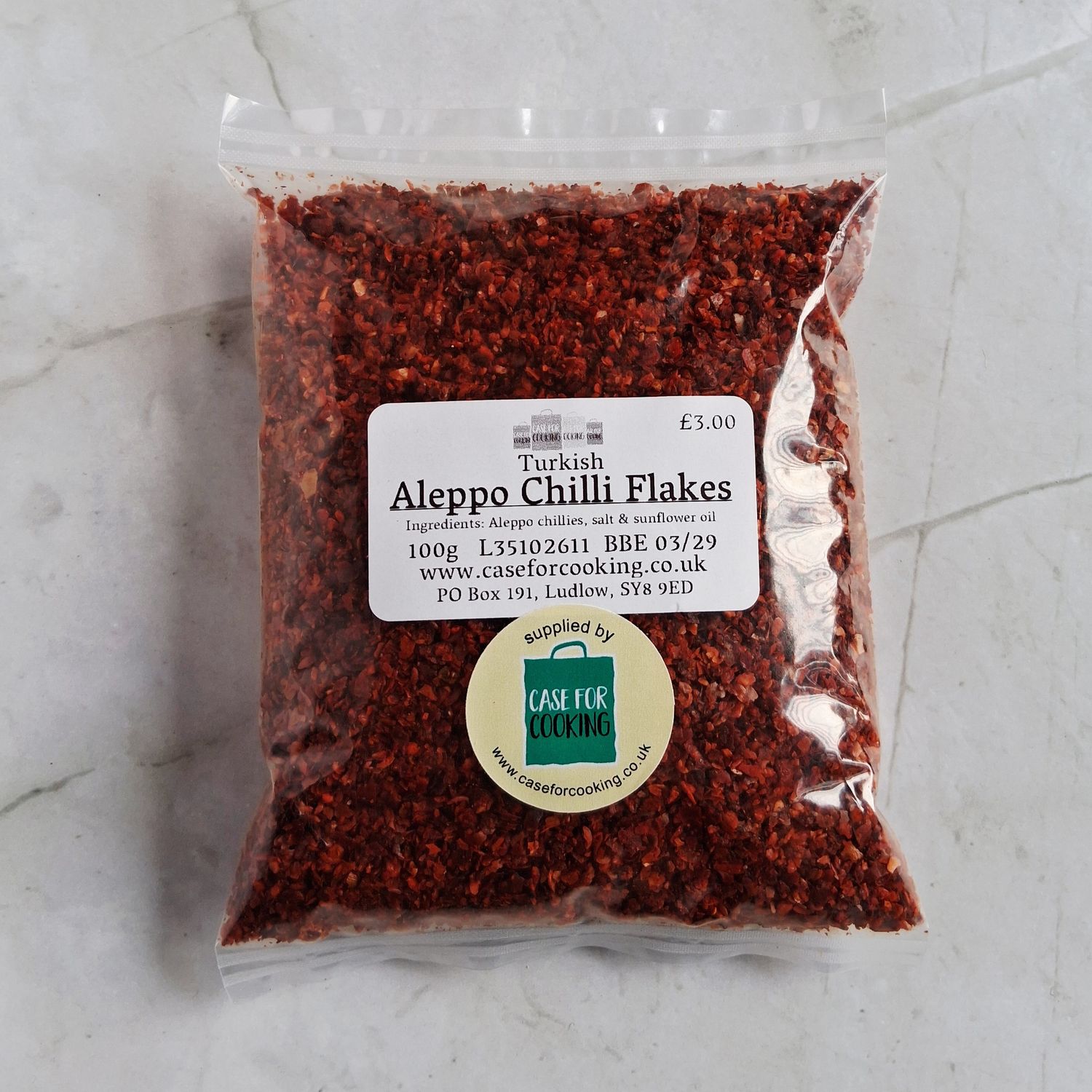 A packet of Aleppo Chilli Flakes, sold by Case for Cooking 