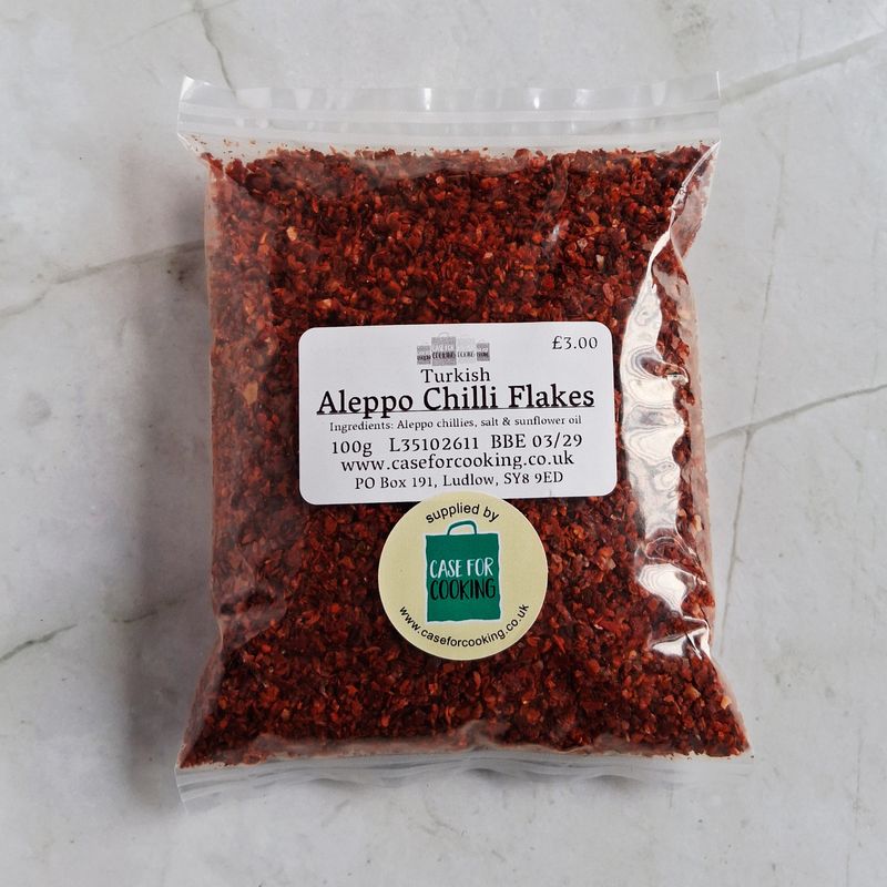 Aleppo Chilli Flakes A packet of Aleppo Chilli Flakes, sold by Case for Cooking