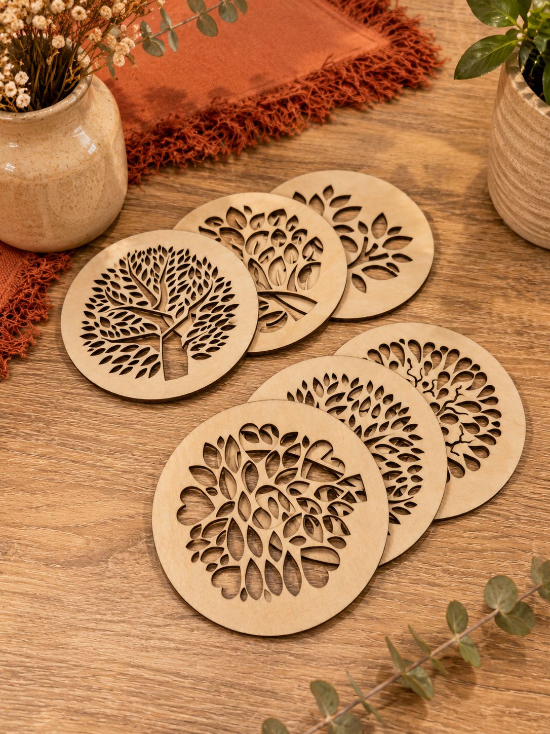 Lot de sous-verres en bois – Arbres &amp; Feuillages 🌿