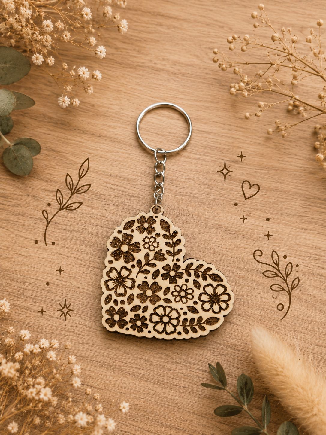 Porte-clé en bois – Cœur Fleuri 🌸❤️