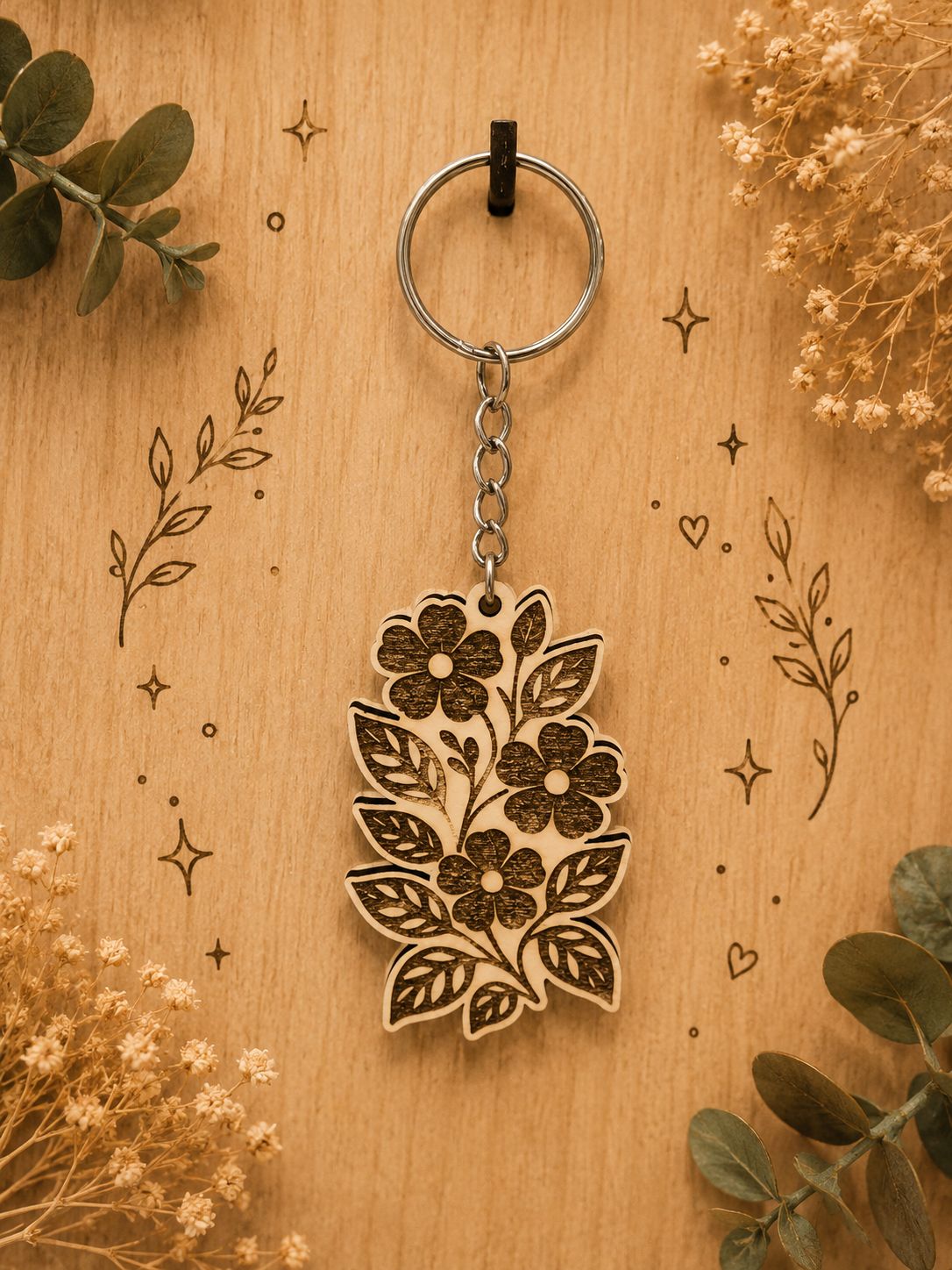 Porte-clé en bois – Fleur 🌸
