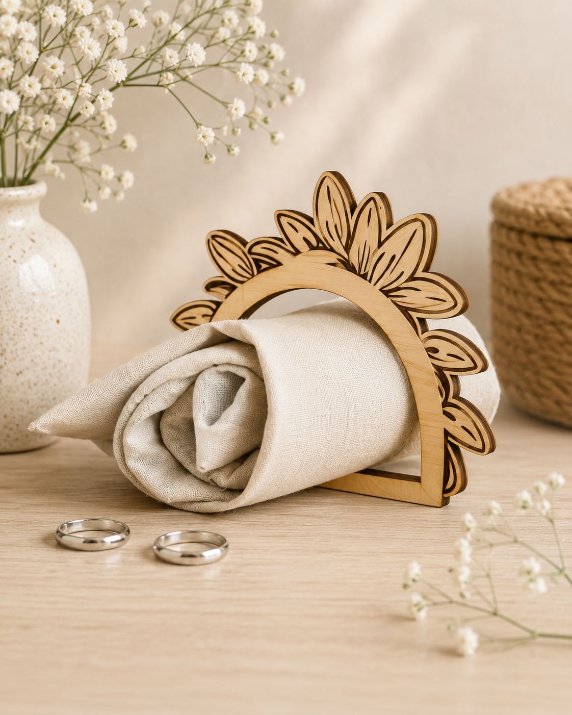 Éclat Floral – Lot de 6 Ronds de serviette en bois