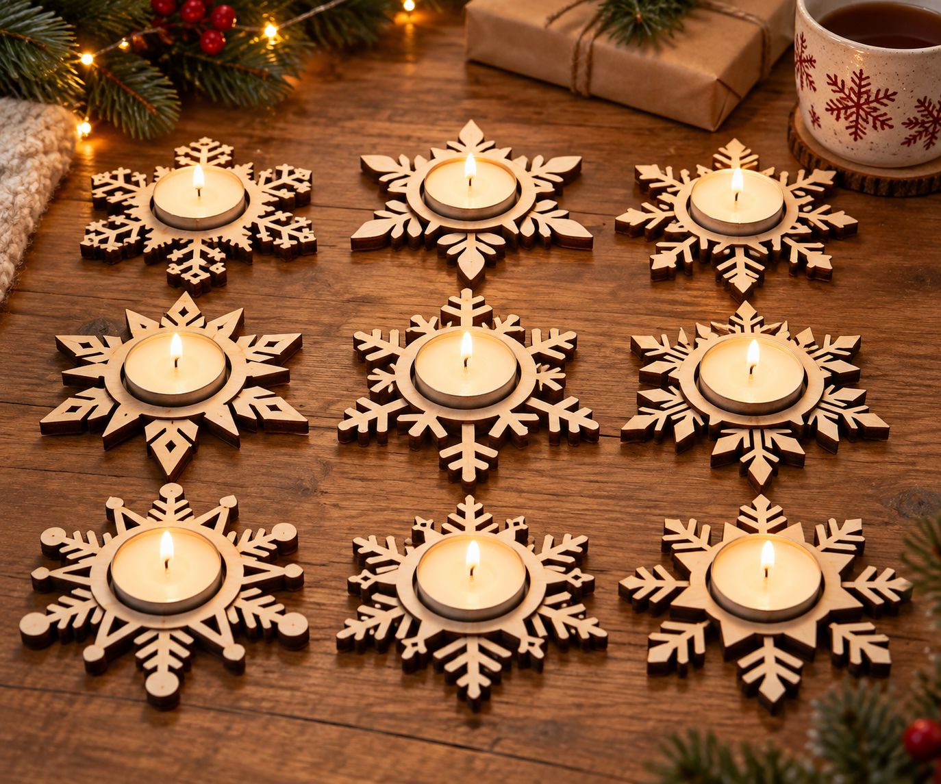 Photophore Flocon de Noël en bois – Modèle au choix