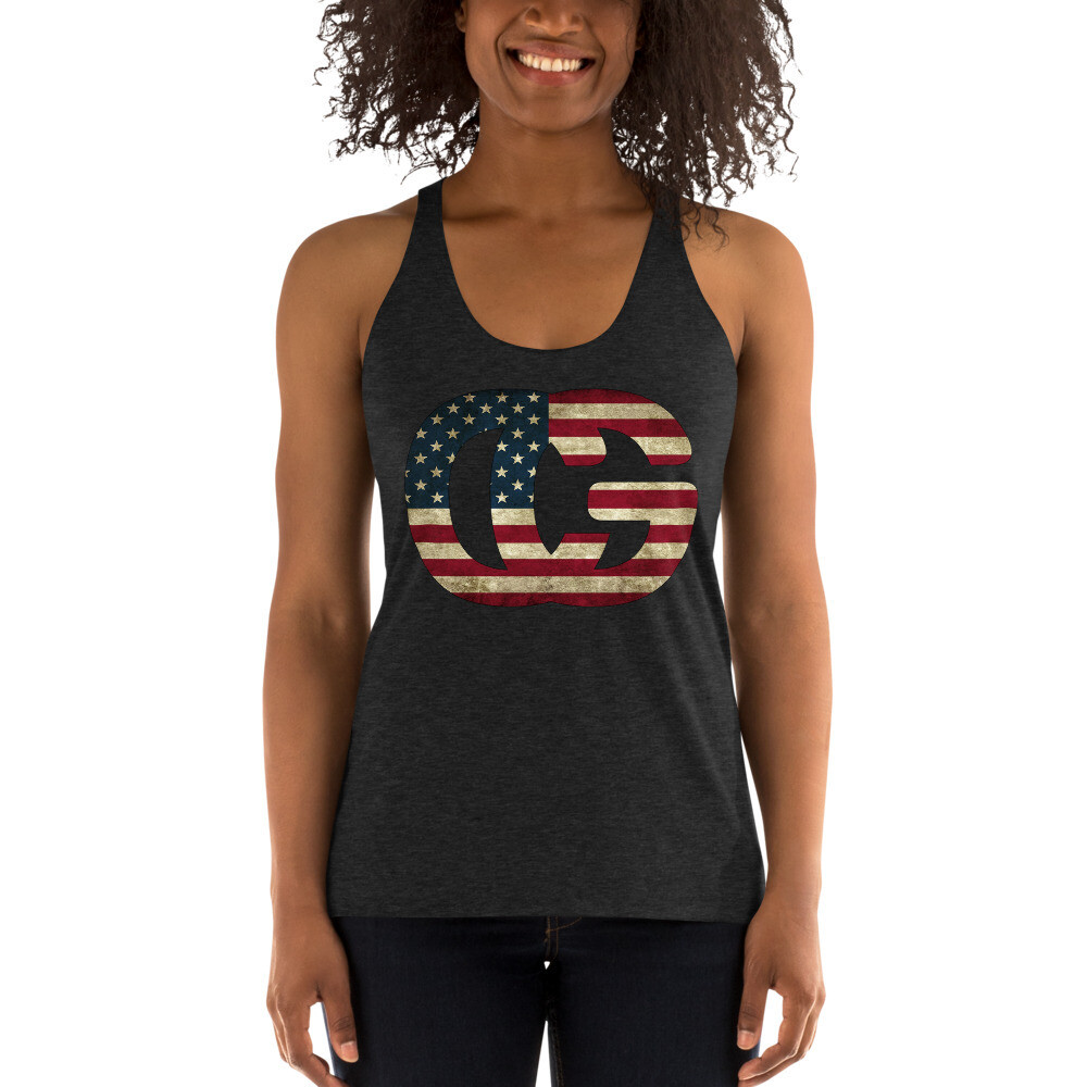 CG USA Flag Women&#39;s Racerback Tank, Color: Charcoal-Black Triblend, Size: S