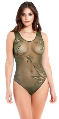 One Size Weed Fishnet Teddy Olive