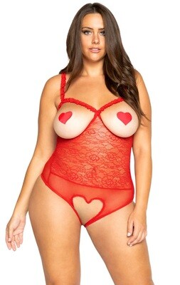 Plus size Red lace heart crotch Open Cup Bodysuit teddy