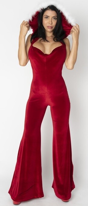 Open Back Santa's Helper Jumpsuit Hooded Costume