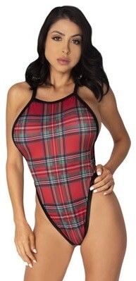 School girl Thong Bodysuit in Red Green Plaid