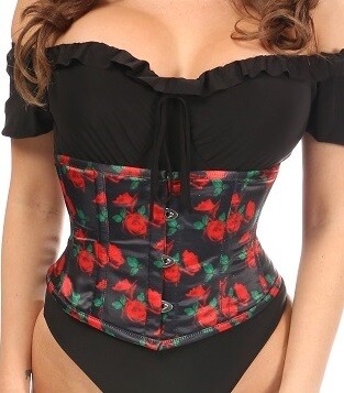 Lavish Black with Red Roses Satin Mini Waist Cincher