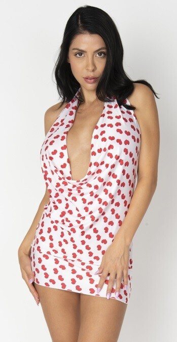 White with red hearts Print Microfiber Drape Dress