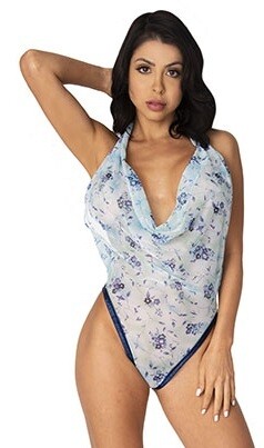 Blue Floral Print mesh Sheer Drape Bodysuit